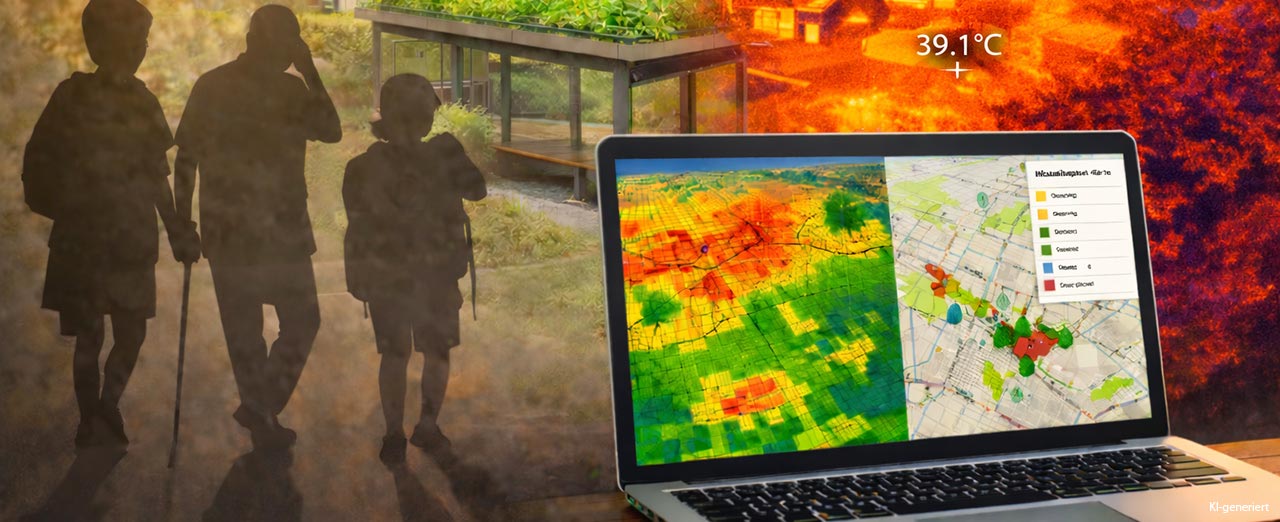 Bild im Vordergrund Computerbildschirm mit Abbildung von Thermalkarte, im Hintergrund recht drei Personen, in der Mitte Grüne Pflanzen und Links Feuer