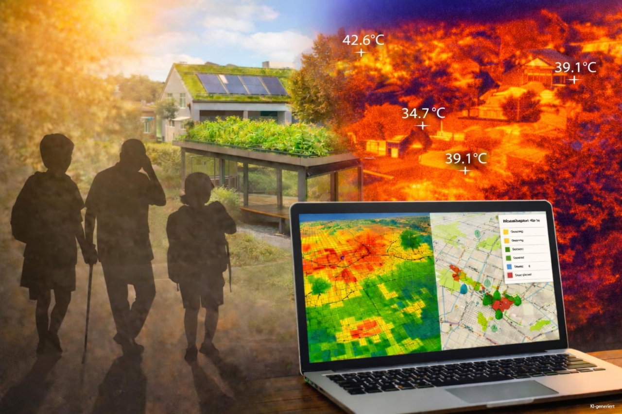 Bild im Vordergrund Computerbildschirm mit Abbildung von Thermalkarte, im Hintergrund recht drei Personen, in der Mitte Grüne Pflanzen und Links Feuer