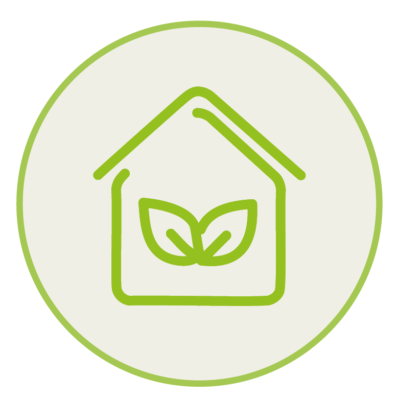 Piktogramme_Haus_c_EASt Piktogramm dargestellt in einem Kreis, Haus, im Haus sind zwei Blätter